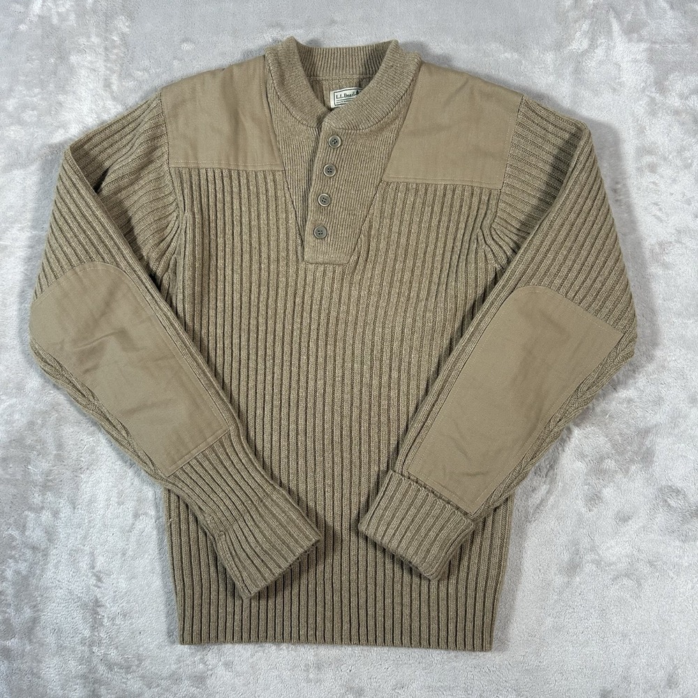 VTG LL Bean Fisherman Sweater Mens S Merino Lambswool Henley Elbow Patch Ribbed